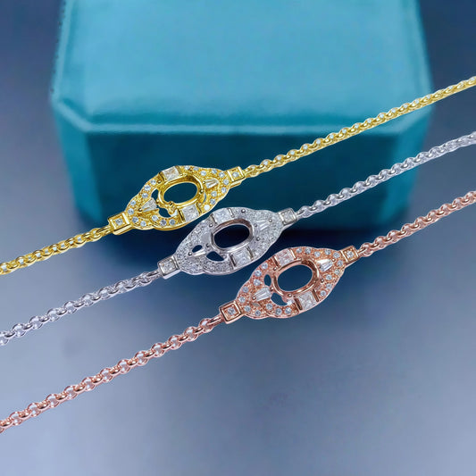 L S925 Sterling Silver DIY Empty Bracelet Holder Settings 4*6mm Ellipse Stone Fine Charm Jewelry Simple Zircon Design for Woman