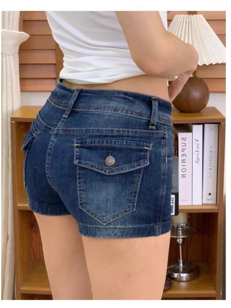 Retro Low Waist Deep Blue Denim Shorts Women Summer Sexy All Match Jean Shorts Pants Girl Hot Vintage Streewear Bottoms 2025
