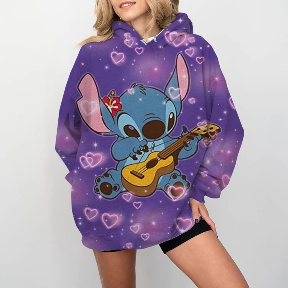 Disney-Women's Stitch Print Hoodie, Anime, Moletom Extragrande, Loose, Crewneck, Pullover, Women's Hoodie