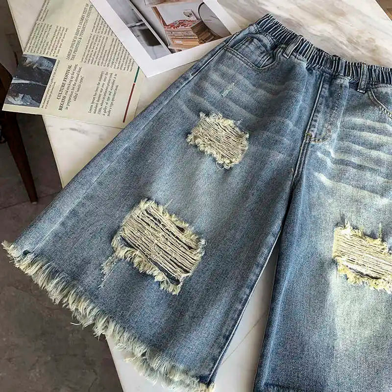 High Waist Plus Size Women's Ripped Shorts Summer Loose Solid Color Wideleg Pants Street Style Simple All Match Jeans
