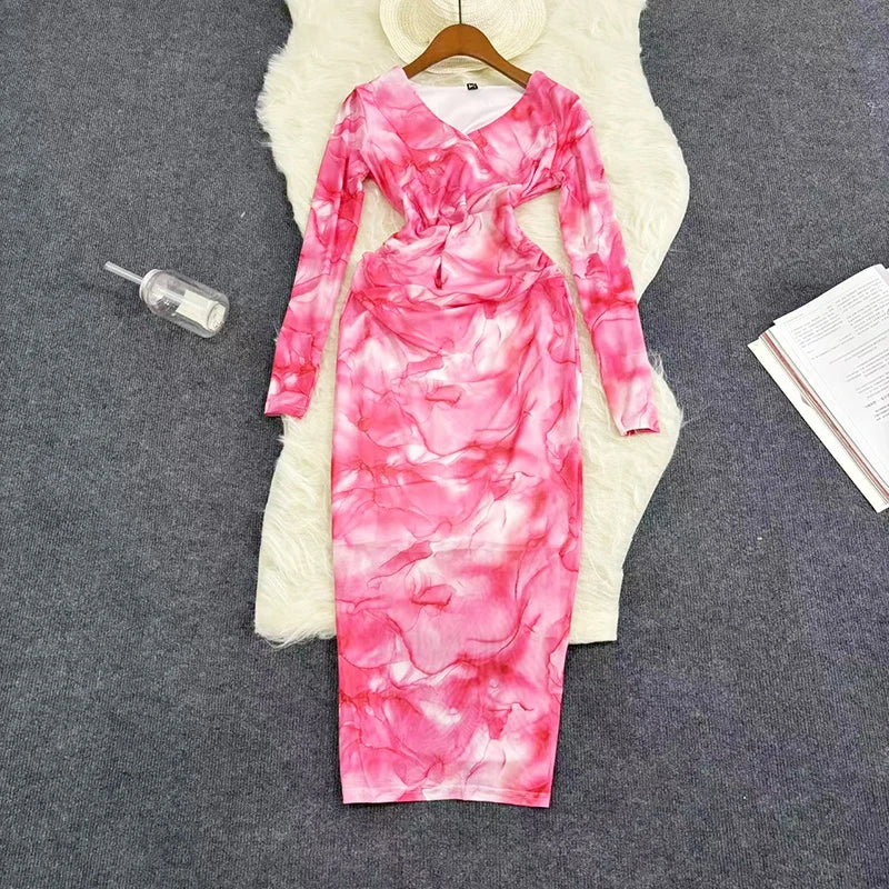 Mesh Print Women Maxi Dress V Neck Full Sleeve Bodycon Trendy Hipsters High Street Party Vintage Attirewear