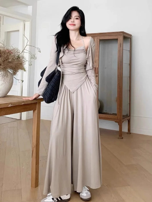 plus Size Women's Spring Summer Slimming Cover up Set Strap Top Sun Protection Cardigan Long Sve round Ne Tee Piece Set