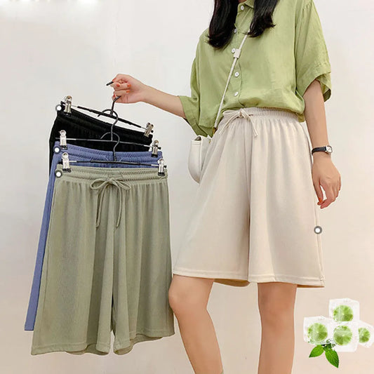 Summer Ice Silk Loose Women'S Shorts Elastic High Waist Casual Wide Leg Shorts Harajuku Casual Sports Straight Short Pants