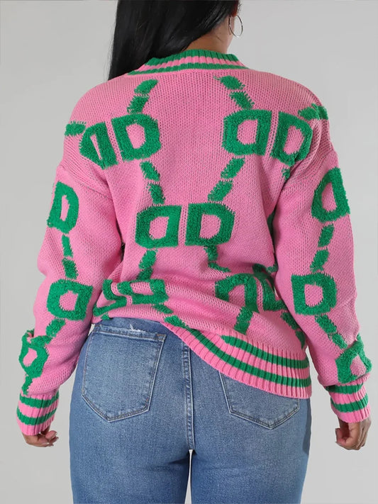 Plus Size Women's Casual V-Neck Letter Print Buttoned Loose Cardigan, Spring And Autumn Long Sleeve Sweater Jacket Buttoned