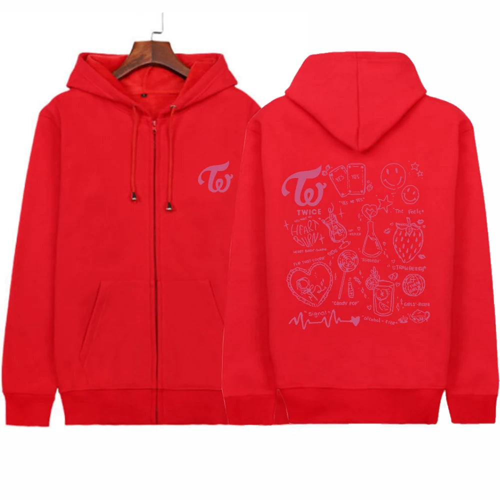 2023 Twice Kpop Album Print Hoodie Sweatshirts Long Sleeve Streewear Pullover Clothes Zip Up Hoodie