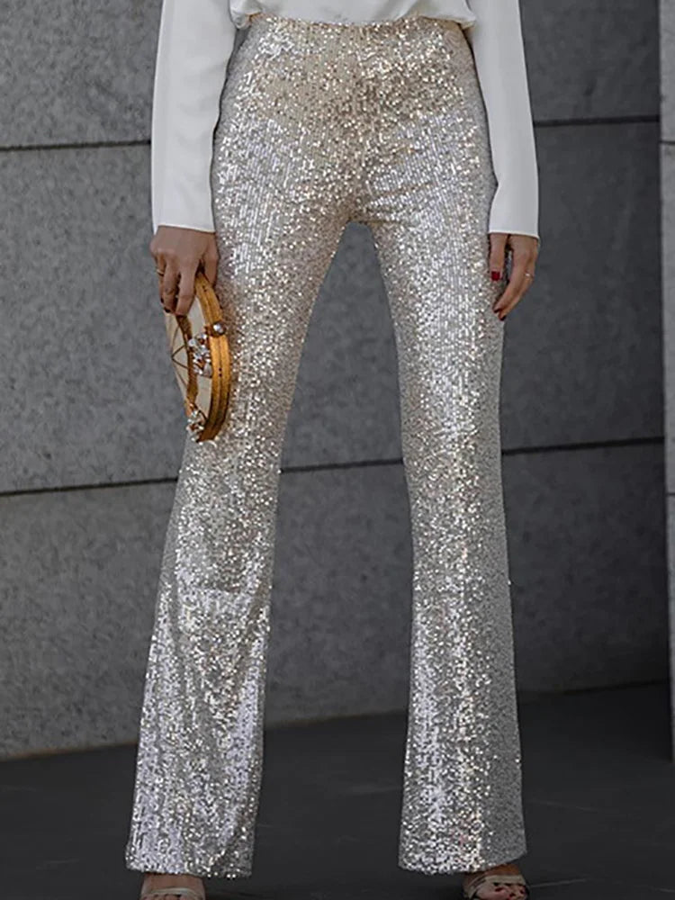 Party Night Clubwear Black Sequined Trousers Women Summer High Waist Slim Flare Pants Streetwear Casual Femme Glitter Long Pants