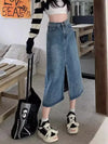 Summer New High-Waist Slit Denim Skirt for Women Washed Retro A-Line Skirt Hip Covering Straight Long Skirt