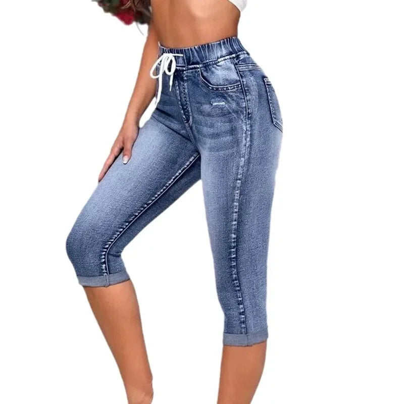 Hole Jeans Women Calf Length Denim Pants Fit High Waist Drawstring Pockets Vintage Pencil Trousers 2025 Streetwear Denims Summer
