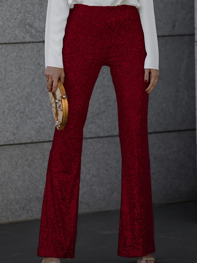 Party Night Clubwear Black Sequined Trousers Women Summer High Waist Slim Flare Pants Streetwear Casual Femme Glitter Long Pants