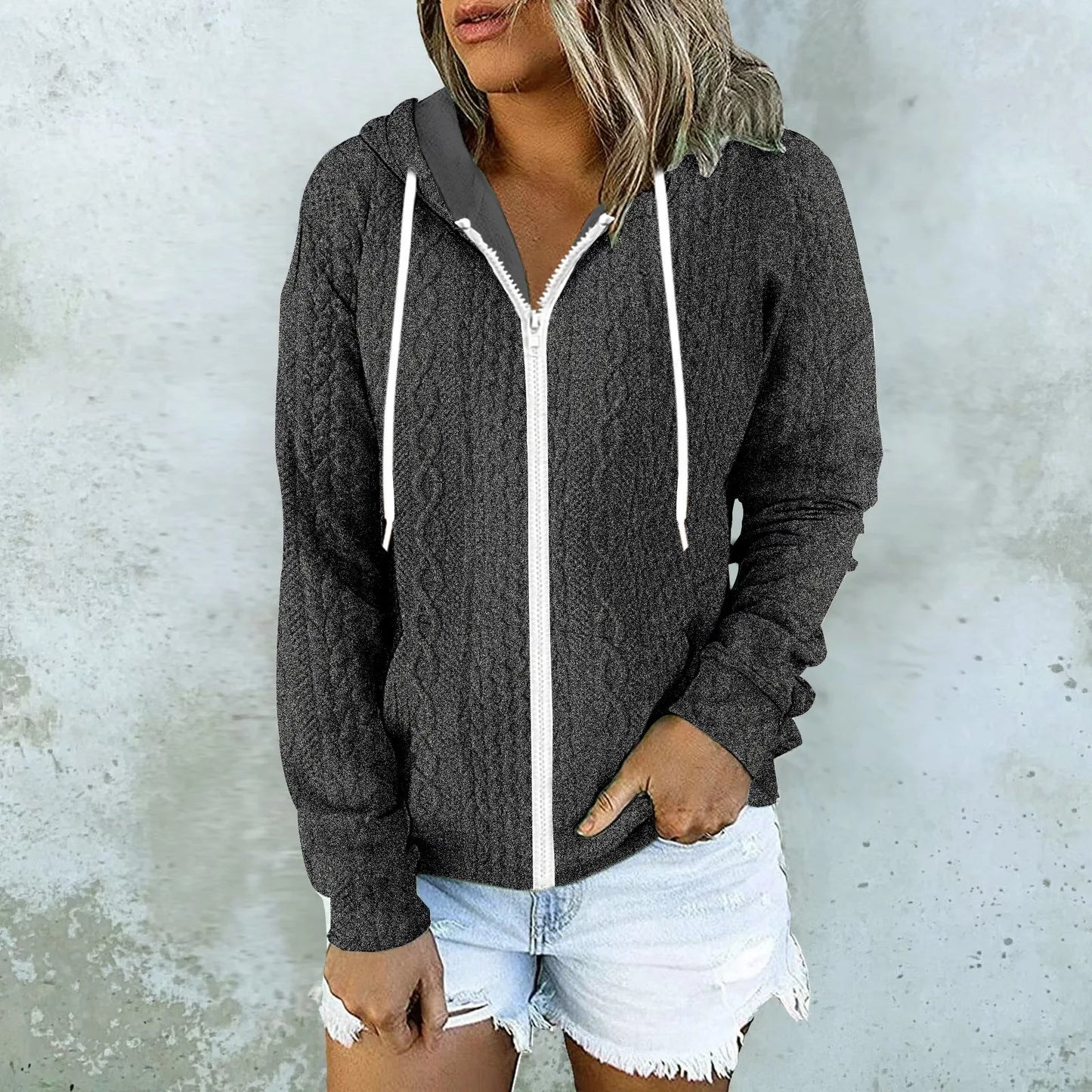 Plus-size women's solid color casual cardigan hooded neck knitted twist zip-up hoodie