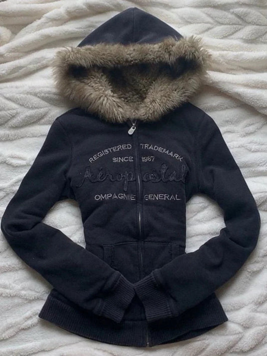 Vintage Letter Fur Collar Hooded Sweatshirt Autumn Winter Zipper Y2K Retro Fleece Jacket Harajuku Embroidery Plush Dark Fashion