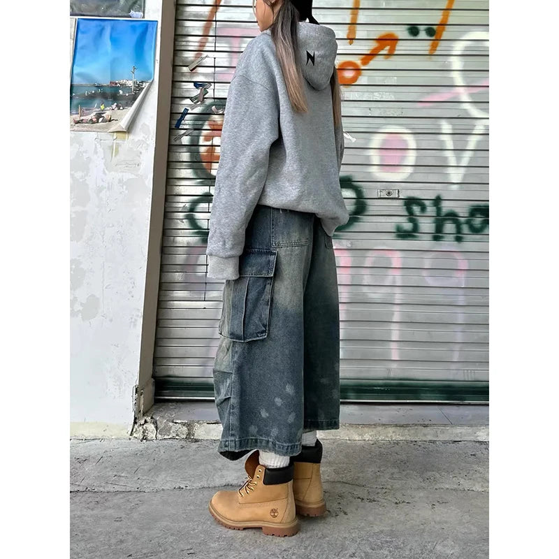 ZHIZOU Women's Summer Vintage High Waist Blue Retro Washed Denim Shorts Fashion Casual Loose Fit Y2K Streetwear Mid Long Short