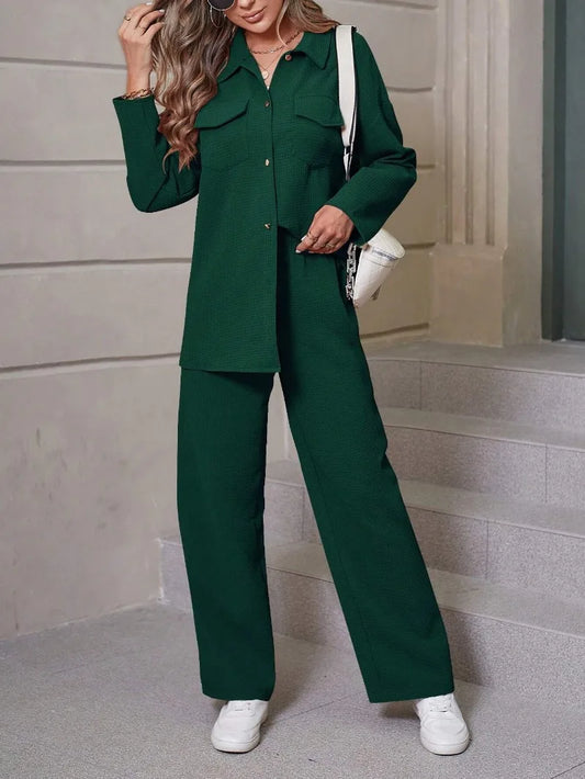 Workwear Style Mountain Style Long Sleeved Jumpsuit Women Two Piece Trendy Waffle Collar Cardigan Casual Suit