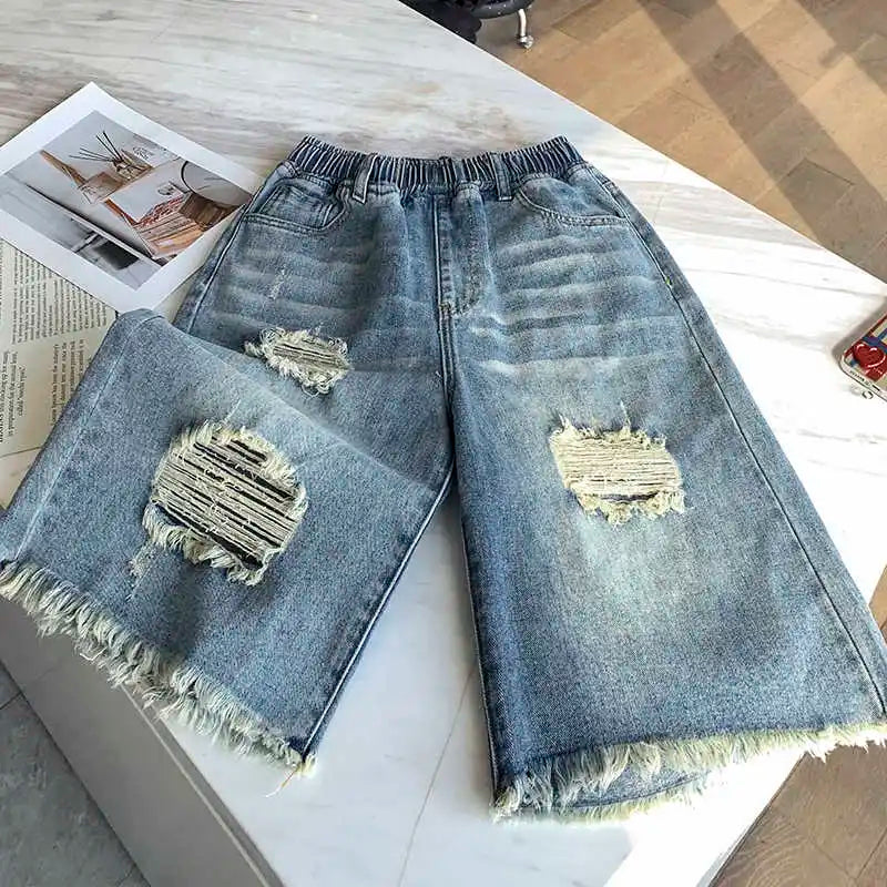 High Waist Plus Size Women's Ripped Shorts Summer Loose Solid Color Wideleg Pants Street Style Simple All Match Jeans