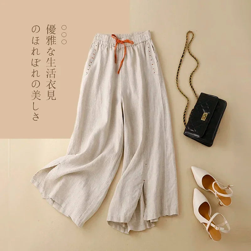 Gray Cotton Linen Casual Elastic High Waist Loose Wide Leg Women's Pants Ankle-Length Pants For Women Clothing 2025 Fashion