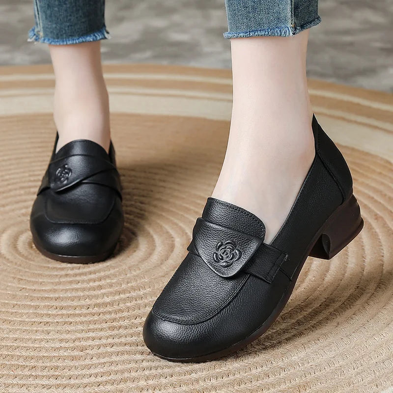 New antique chic rose pumps shoes women vintage heels genuine leather slip on shoes woman square heel pumps ladies dress shoes