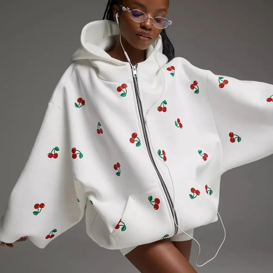 Women's Cherry Printed Sweatshirt Jacket 2025 Autumn Street Style Fashion Trendy Brand Loose Versatile Sports Hoodie Female New