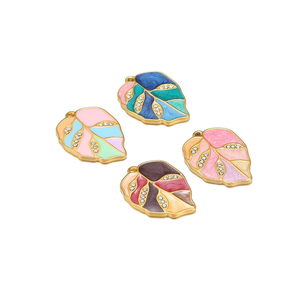 5Pcs Enamel Leaf Charms Stainless Steel Pastoral Style Pendants for Exquisite Jewelry Making DIY Earrings Necklaces Accessories