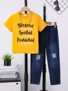 Children's Round Neck Letter Graphic T-Shirt and Distressed Jeans Set - Nikki and Co Boutique