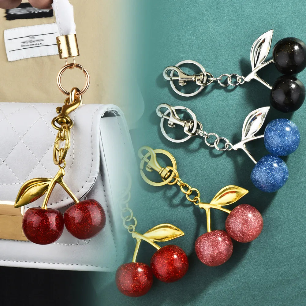 Delicious Crystal Red Pink Cherry Keychain Summer Fruits Cherries Pendant Keyring For Women Men Jewelry Bag Key Accessories Gift