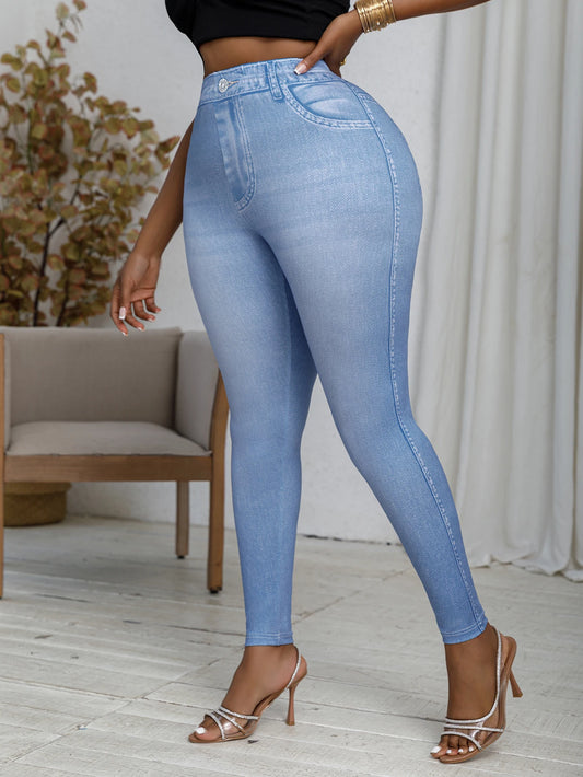 Plus Size Faux Denim Printed Leggings with Fake Distressed Detail Comfortable Soft and Fashionable Knit High Stretch Sports Pan