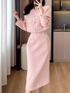 French Elegant Women Pink 2 Pieces Set Autumn Tassel Long Sleeve Coat A-line Chic Midi Skirt Spring Y2k Lady Dress Suits
