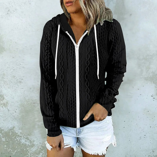 Plus-size women's solid color casual cardigan hooded neck knitted twist zip-up hoodie