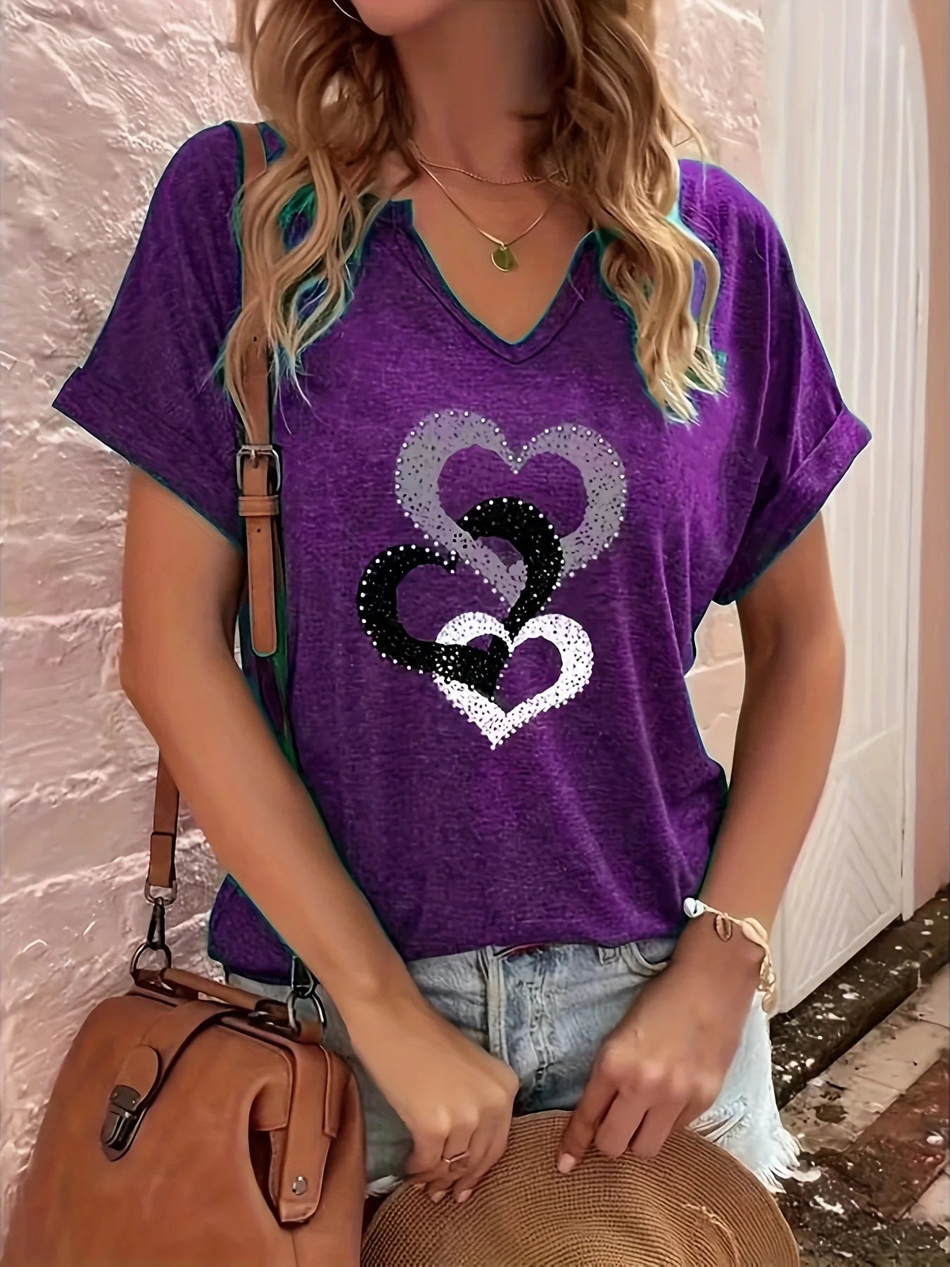 New summer folded sleeve heart print V-neck plus-size short-sleeved T-shirt