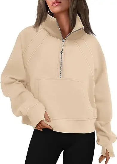 Stand Collar Casual Sweatshirts Half Zip Women Cropped Pullover Thumb Hole Overzised Hoodie Solid Color Plus Size Sports Outfit