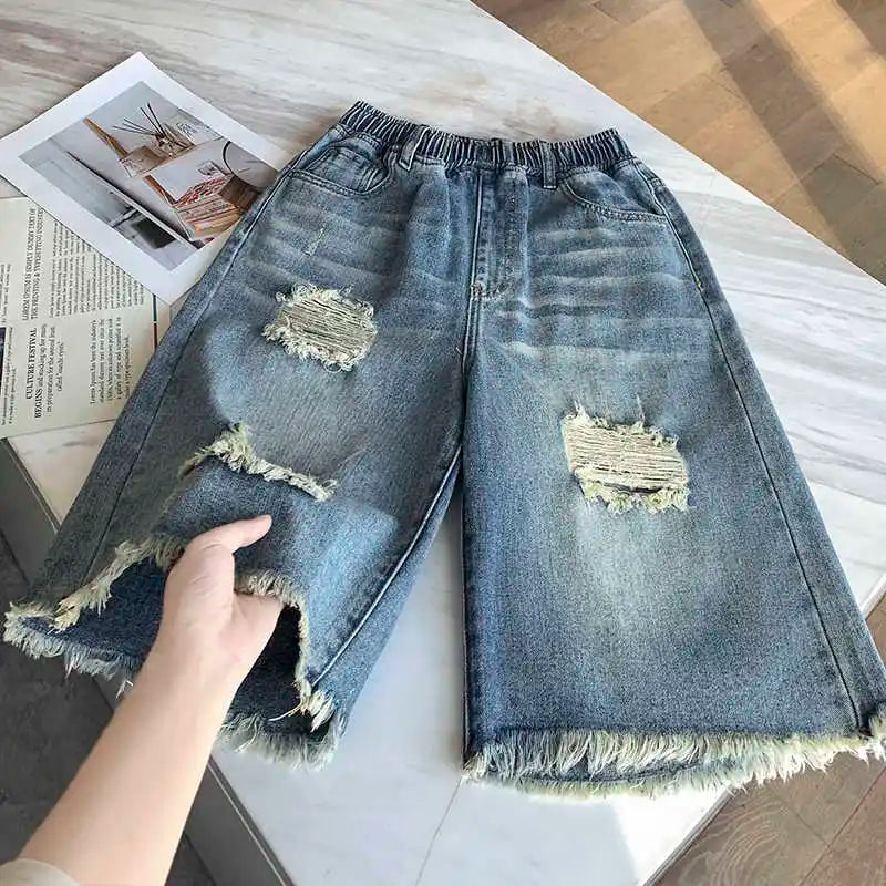 High Waist Plus Size Women's Ripped Shorts Summer Loose Solid Color Wideleg Pants Street Style Simple All Match Jeans