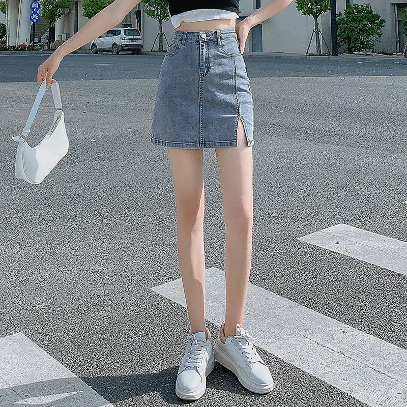Short Female Jeans Skirts Blue with Slit High Waist Women's Denim Skirt Clothing Sales Casual Harajuku Cheap Aesthetic New In