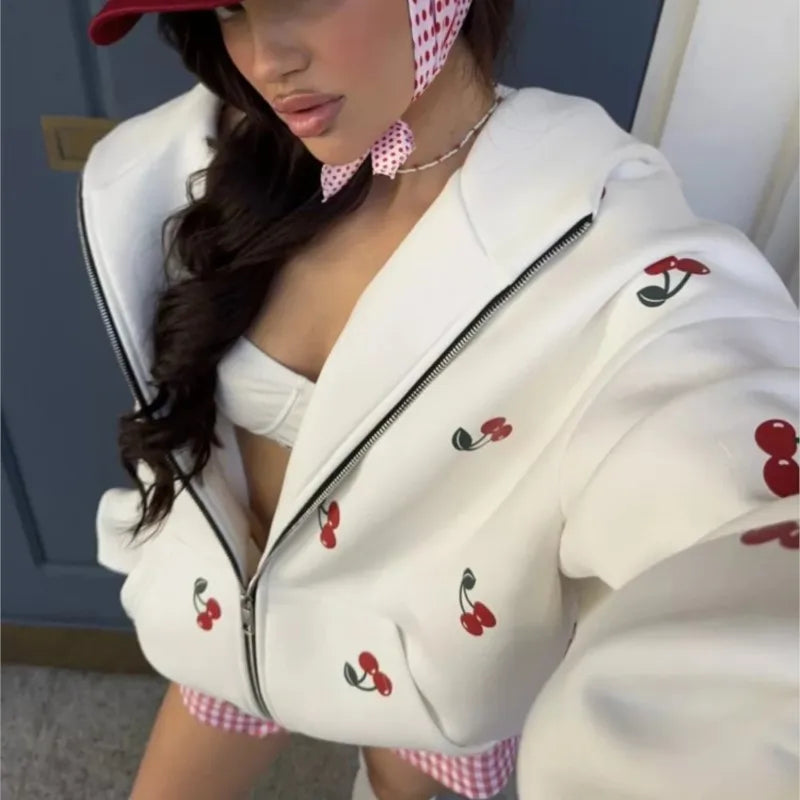 Women's Cherry Printed Sweatshirt Jacket 2025 Autumn Street Style Fashion Trendy Brand Loose Versatile Sports Hoodie Female New
