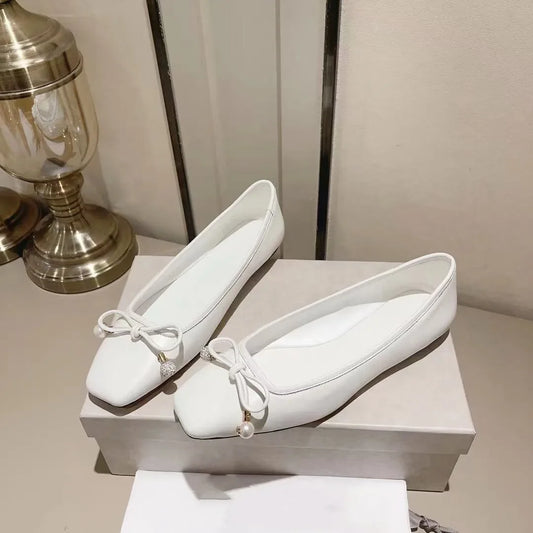 Retro Bow Leather Flat Pumps Casual Square Toe Shallow Mouth Comfortable Gold Ballet Shoes Fashion Stage Large Size Women'S Shoe