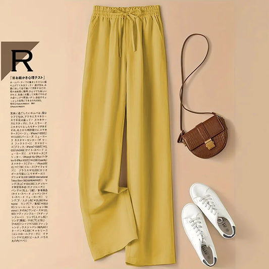 Cotton Linen Casual Wide Leg Pants Women's Summer Fashin Elastic Waist Solid Color Simple Basic Straight Trouser Female Clothes