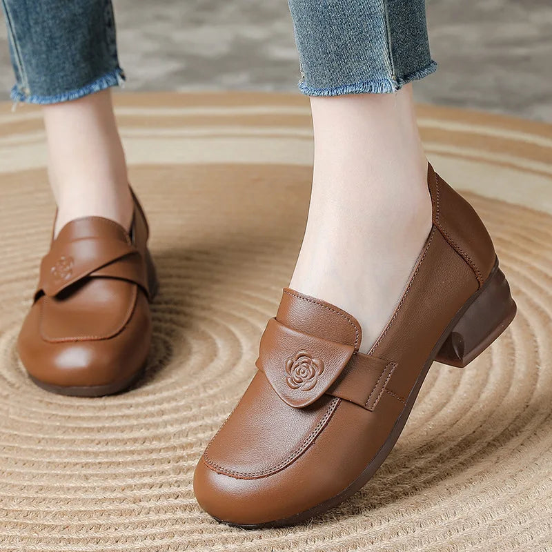 New antique chic rose pumps shoes women vintage heels genuine leather slip on shoes woman square heel pumps ladies dress shoes