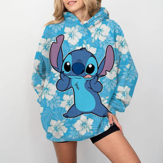 Disney-Women's Stitch Print Hoodie, Anime, Moletom Extragrande, Loose, Crewneck, Pullover, Women's Hoodie