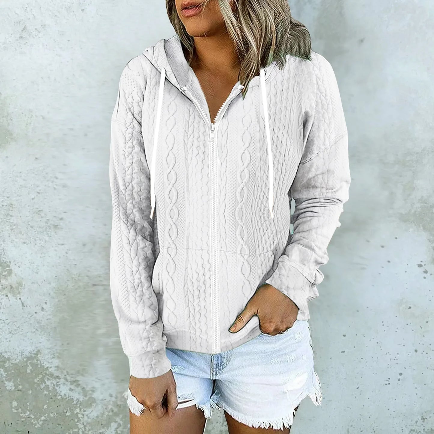 Plus-size women's solid color casual cardigan hooded neck knitted twist zip-up hoodie