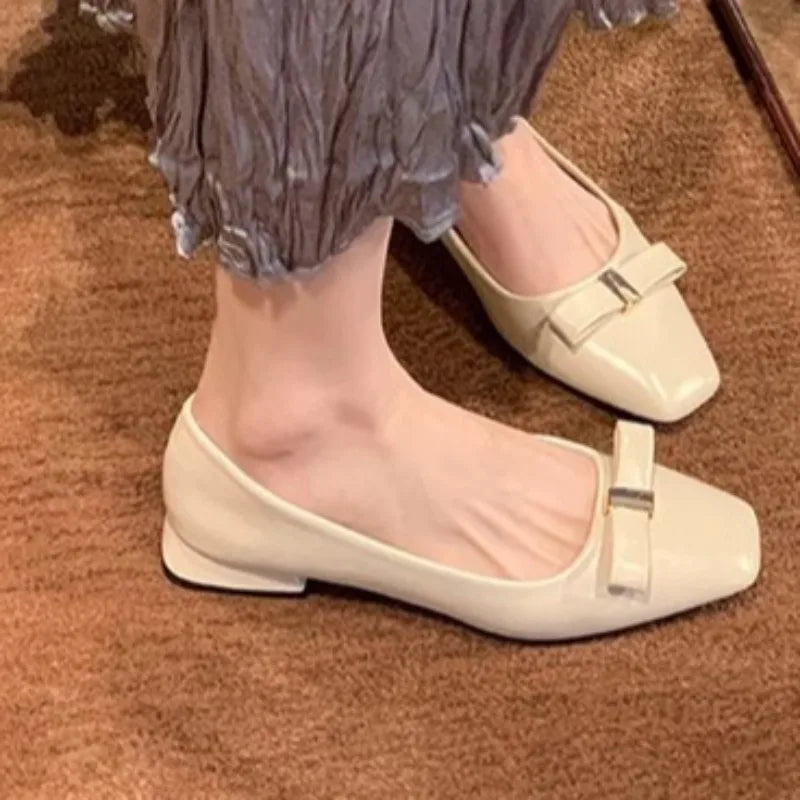 Women's Spring New Fashion Square Toe Designer Patent Leather High Heels Elegant Dress Party Bow Low Top Shoes 35--40 Size