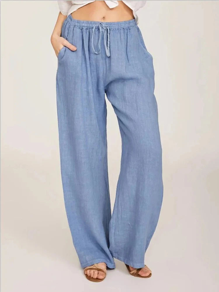 Casual Women's Cotton Linen Pants Solid High Waist Wide-Leg Trousers Female Summer Loose Breathable Sports Yoga Straight Pants