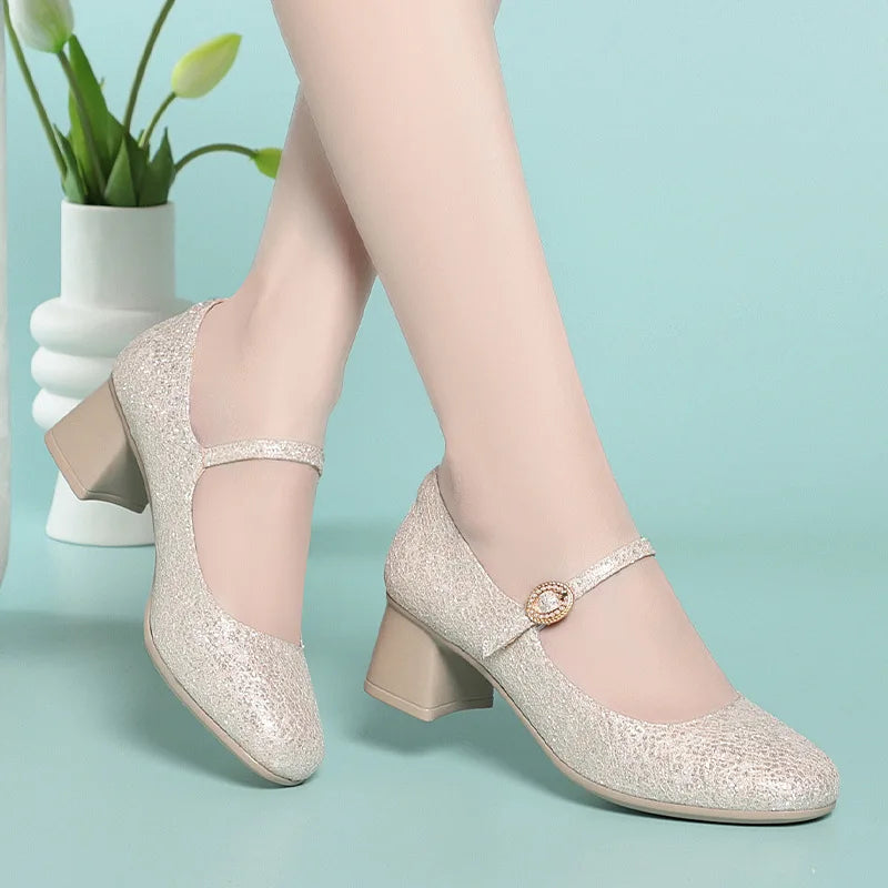 5cm Breathable Comfortable Shallow Glod Bling Wedding Shoes Women Pumps 2025 Trend Spring Med Block Heels Shoes for Office Model