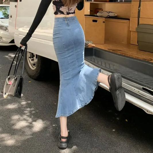 High Waist Jeans Skirts for Women Modest Vintage Harajuku Streetwear Premium Korean Fashion Cheap With Slit Woman Denim Skirt