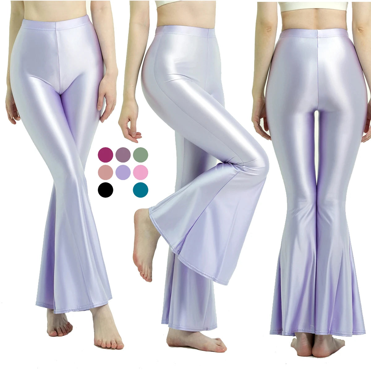 MJINM Women High-Waisted Spandex Flare Pants Glossy Colorful Silky Smooth Bodybuilding Dance Yoga Skinny Bell Bottoms Outer Wear