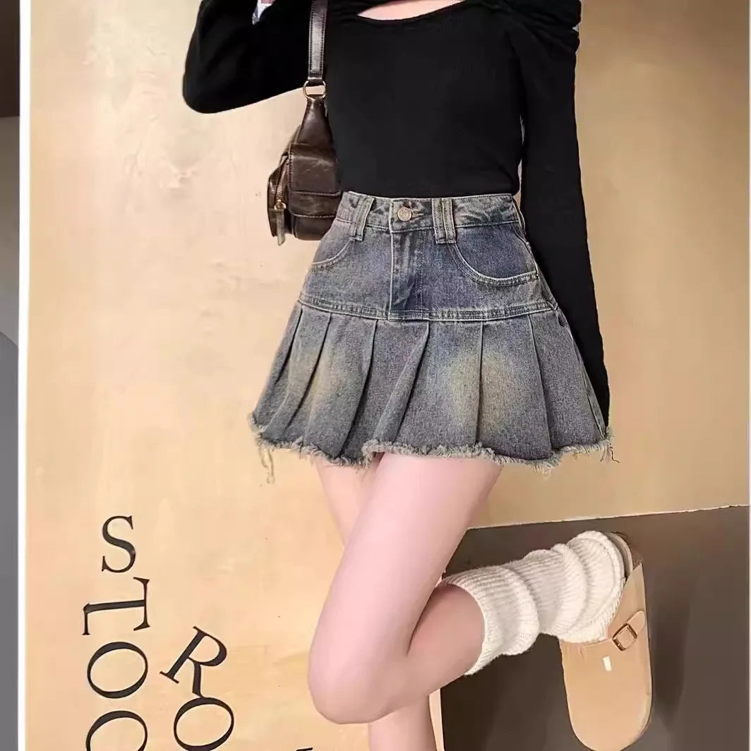 High-Waisted Vintage Patchwork Fringe Design Sensibility Slimming Denim Mini Dress For Women Summer Style A- Line Mini Skirt