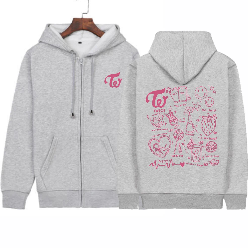 2023 Twice Kpop Album Print Hoodie Sweatshirts Long Sleeve Streewear Pullover Clothes Zip Up Hoodie