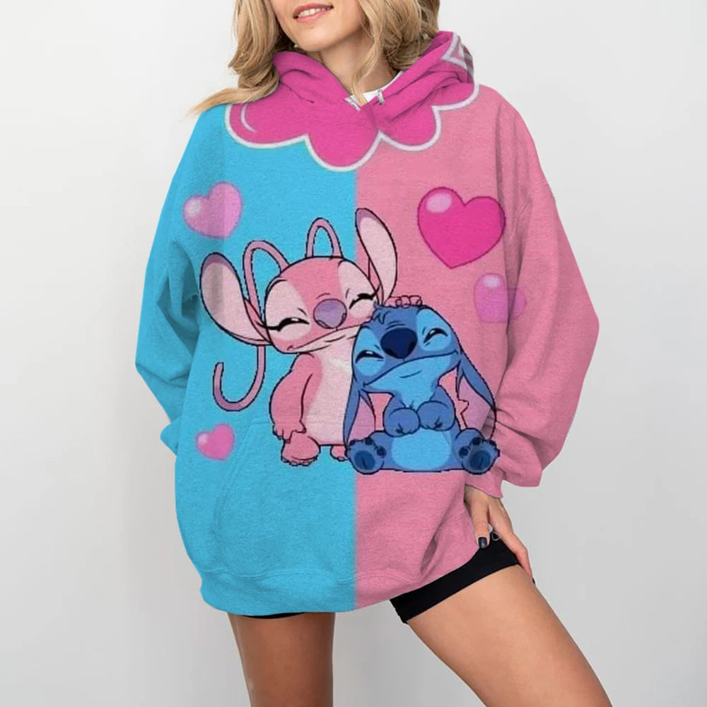 Disney-Women's Stitch Print Hoodie, Anime, Moletom Extragrande, Loose, Crewneck, Pullover, Women's Hoodie