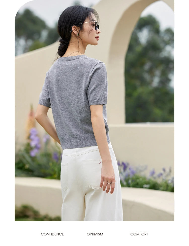 VIMLY Women's Summer Knit Tops Knitwear Fun Puppy Embroidered Short Sleeve T-Shirt 2025 Casual Crew Neck Knitted Sweater 75021