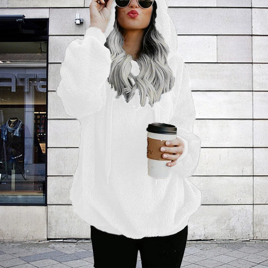 Plus Size Best Selling Plush Oversized Hooded Sweatshirt Half Open Front Women's Casual Drawstring Clothing Large Sizes