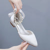 Wedding Shoes Bride Flat Heel Pointed Hollow Sandals Women White Satin Beaded Bride's Wedding Dress Shoes Sandalias