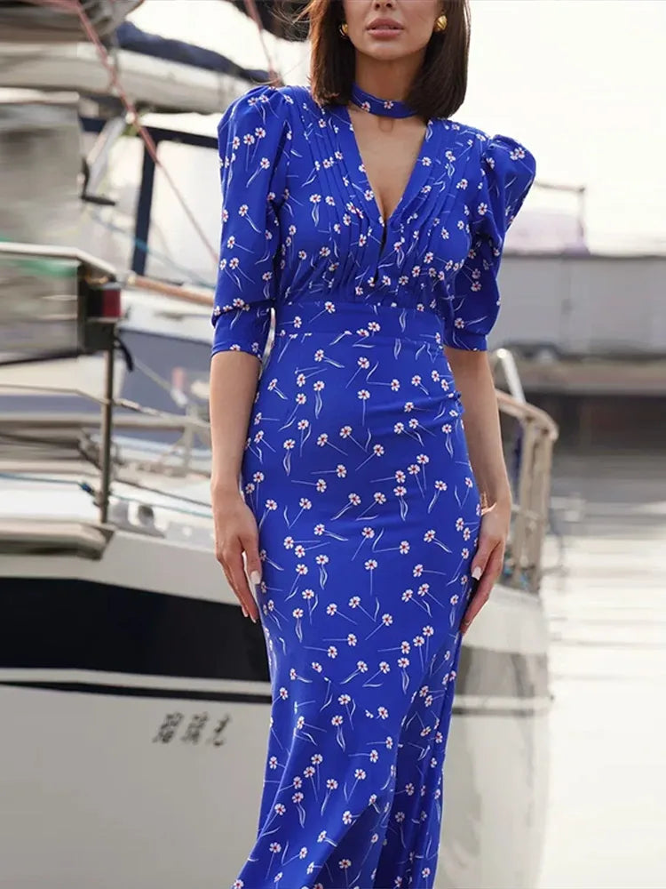 Print Deep V Shoulder Pad Long Dress Women Elegant Short Sleeve Waist Cinching Hip Package Sheath Party Dresses New Summer Robes