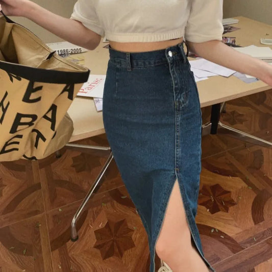 Retro Hong Kong Sle High Waist Slim Fit Denim Skirt Women's Summer plus Size Mid-Length Bodycon Skirts Autumn